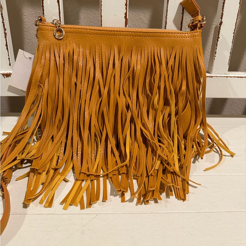 Mustard Yellow Fringe Crossbody Bag Boho Faux Leather Gold Chain Strap NEW